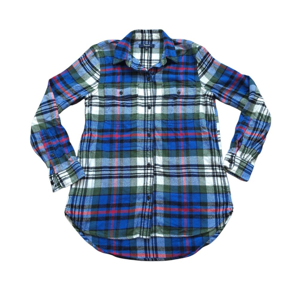 Madewell Ex-Boyfriend Brushed Flannel Shirt XS Plaid Red Blue Green Cotton EUC